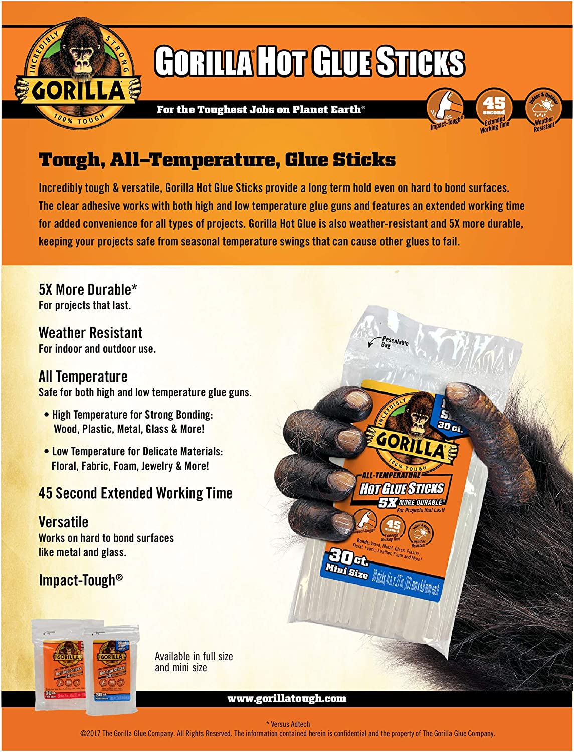  Gorilla Hot Glue Sticks, Full Size, 4 Long x .43 Diameter, 30  Count, Clear, (Pack of 1) : Arts, Crafts & Sewing